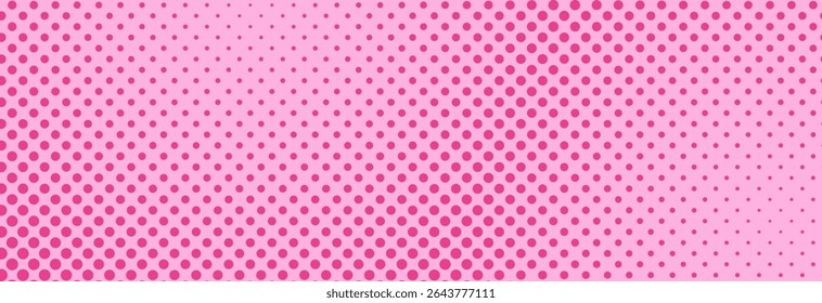Pink halftone pattern. Retro comic gradient background. Rose pixelated dotted texture overlay. Cartoon pop art faded gradient pattern. Vector backdrop for poster, banner, advertisement