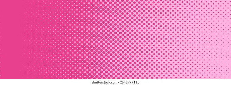 Pink halftone pattern. Retro comic gradient background. Rose pixelated dotted texture overlay. Cartoon pop art faded gradient pattern. Vector backdrop for poster, banner, advertisement