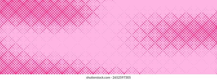 Padrão de meio-tom rosa. Fundo de gradiente de quadrinhos retrô. Sobreposição de textura pontilhada pixelada rosa. Desenho animado pop art desbotado padrão de gradiente. Tela de fundo vetorial para cartaz, faixa, anúncio