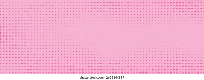 Pink halftone pattern. Retro comic gradient background. Rose pixelated dotted texture overlay. Cartoon pop art faded gradient pattern. Vector backdrop for poster, banner, advertisement