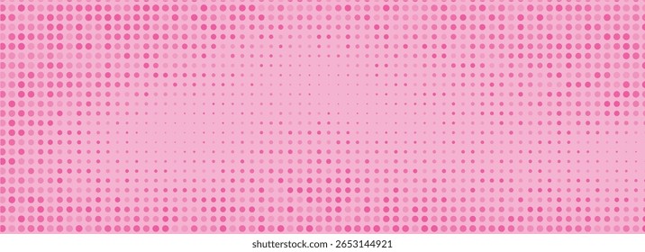 Pink halftone pattern. Retro comic gradient background. Rose pixelated dotted texture overlay. Cartoon pop art faded gradient pattern. Vector backdrop for poster, banner, advertisement