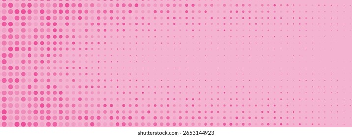 Pink halftone pattern. Retro comic gradient background. Rose pixelated dotted texture overlay. Cartoon pop art faded gradient pattern. Vector backdrop for poster, banner, advertisement