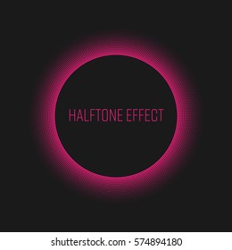 Pink halftone ring with white circle and text label in the middle. Modern abstract vector design element with backlight effect.