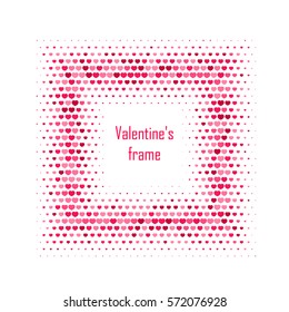 Pink halftone square frame with hearts. Modern valentines day card or banner with decoration border. Abstract graphic element for your design. 