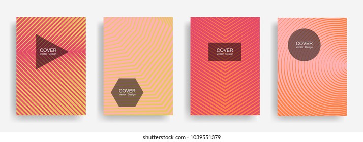 Pink halftone vector cover template with lines, triangle circle hexagon title places. Vector journal design geometric shape background set. Unique halftone lines hipster templates set.