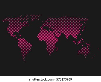 Pink halftone world map of small dots in diagonal arrangement. Bilinear horizontal gradient. Simple flat vector illustration on dark grey background.