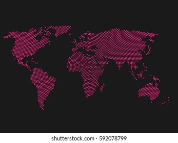 Pink halftone world map of small dots in radial arrangement. Simple flat vector illustration on dark grey background.