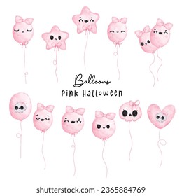 Colección de globos rosados de Halloween con dibujos a mano de acuarela kawaii. Estos bonitos globos festivos le dan un toque de fantasía a sus celebraciones de Halloween. Perfecto para decoraciones de fiesta y más.