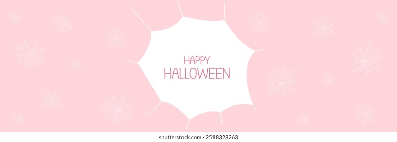 Pink Halloween banner with cobwebs. October holiday decor, greeting cards, party invitations. Flat style vector isolated on pink background.