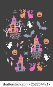 Pink Halloween negro Vector del cartel. Iconos pastel de Halloween en naranja, rosa, gris sobre fondo negro. Coloridas casas cazadas de Halloween, gatos, caramelos, calabazas, con fantasmas, murciélagos y Web de araña.