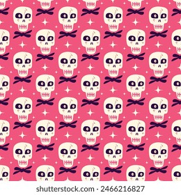 Pink Halloween cartoon seamless pattern with funny skulls