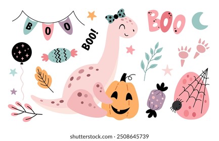 Clipart rosa de Halloween. Lindo Clipart de dinosaurio de Halloween en estilo plano de dibujos animados. Garabato de Halloween femenino. Ilustración vectorial dibujada a mano.