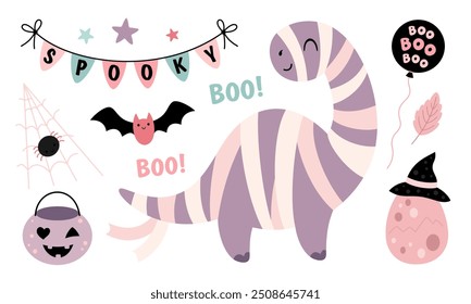 Clipart rosa de Halloween. Lindo Clipart de dinosaurio de Halloween en estilo plano de dibujos animados. Garabato de Halloween femenino. Ilustración vectorial dibujada a mano.