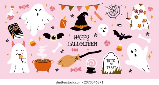 Pink Halloween concept. Set isolated cute colorful hand drawn cartoon elements. Ghosts, hat, cauldron, bat for kids. Useful for scrapbooking, stickers, greeting card, party invitation, and poster