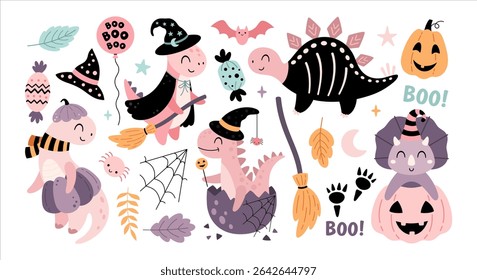 Pink Halloween dinosaurs clipart set. Cute spooky seasonal objects, Happy Halloween hand drawn vector illustration in cartoon flat style