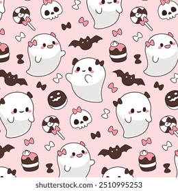 Pink Halloween ghost with candies kids seamless pattern