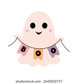 Pink Halloween ghost clipart. Cute spooky seasonal character, Happy Halloween hand drawn vector illustration in cartoon flat style