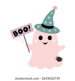 Pink Halloween ghost clipart. Cute spooky seasonal character, Happy Halloween hand drawn vector illustration in cartoon flat style