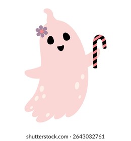 Pink Halloween ghost clipart. Cute spooky seasonal character, Happy Halloween hand drawn vector illustration in cartoon flat style