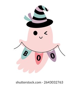 Pink Halloween ghost clipart. Cute spooky seasonal character, Happy Halloween hand drawn vector illustration in cartoon flat style