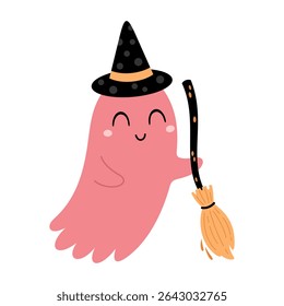 Pink Halloween ghost clipart. Cute spooky seasonal character, Happy Halloween hand drawn vector illustration in cartoon flat style
