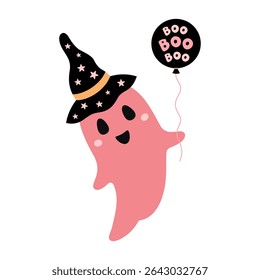 Pink Halloween ghost clipart. Cute spooky seasonal character, Happy Halloween hand drawn vector illustration in cartoon flat style