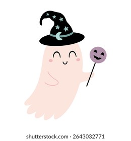 Pink Halloween ghost clipart. Cute spooky seasonal character, Happy Halloween hand drawn vector illustration in cartoon flat style