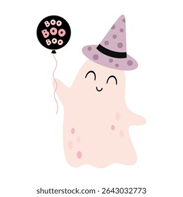 Pink Halloween ghost clipart. Cute spooky seasonal character, Happy Halloween hand drawn vector illustration in cartoon flat style