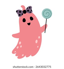 Pink Halloween ghost clipart. Cute spooky seasonal character, Happy Halloween hand drawn vector illustration in cartoon flat style