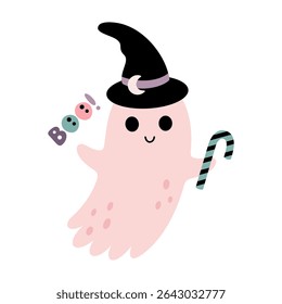 Pink Halloween ghost clipart. Cute spooky seasonal character, Happy Halloween hand drawn vector illustration in cartoon flat style