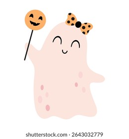 Pink Halloween ghost clipart. Cute spooky seasonal character, Happy Halloween hand drawn vector illustration in cartoon flat style