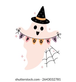 Pink Halloween ghost clipart. Cute spooky seasonal character, Happy Halloween hand drawn vector illustration in cartoon flat style