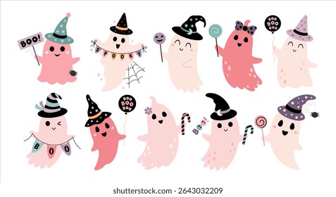 Pink Halloween ghost clipart set. Cute spooky seasonal characters, Happy Halloween hand drawn vector illustration in cartoon flat style	