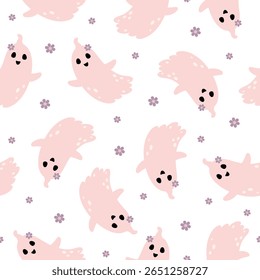 Pink Halloween ghost seamless pattern. Scary Halloween, Spooky seasonal vector background