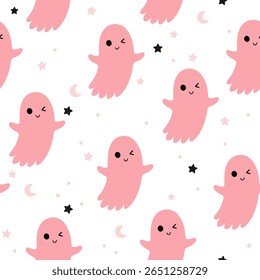 Pink Halloween ghost seamless pattern. Scary Halloween, Spooky seasonal vector background