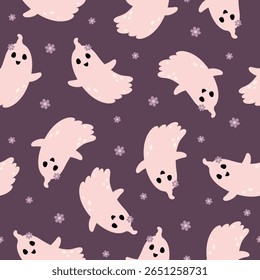 Pink Halloween ghost seamless pattern. Scary Halloween, Spooky seasonal vector background