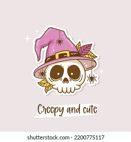 Pink Halloween illustration. Cute and creepy skull are perfect for greeting card, invitations, posters, pin, scrapbooking, icon