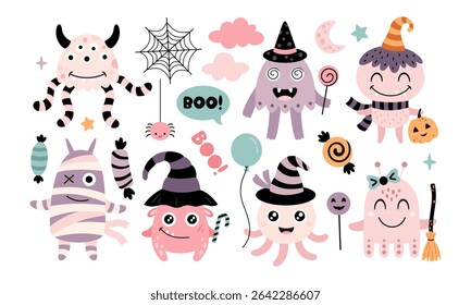 Pink Halloween monster clipart set. Cute spooky seasonal elements, Halloween character, Happy Halloween hand drawn vector illustration in flat style