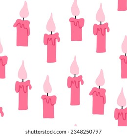 Pink Halloween pattern. Pink candles on white background. Romantic valentines day pattern in hand drawn style.
