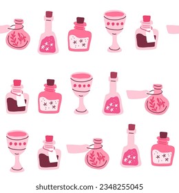 Pink Halloween pattern on white. Bottles with potion, magic drink. Valentines day pattern. 