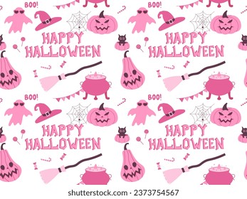 Pink Halloween pattern for party. Cartoon seamless pattern Vector illustration