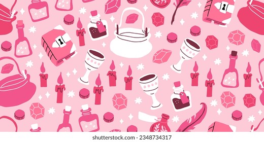 Pink Halloween pattern with stars, magic witch hat, cauldron, potion bottles, candles, treasures, book of spells