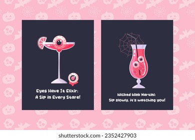 Pink Halloween poster, cocktail, girl, caption, lettering, funny caption