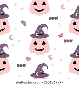 Padrão de abóbora sem costura rosa Halloween. Temporal assustador, assustador, horror, feliz Halloween vetor fundo.