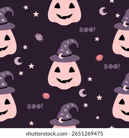 Pink Halloween pumpkin seamless pattern. Spooky seasonal, Scary, Horror, Happy Halloween vector background.