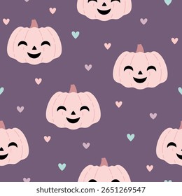 Pink Halloween pumpkin seamless pattern. Spooky seasonal, Scary, Horror, Happy Halloween vector background.