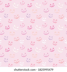 Pink Halloween repeat pattern vector design with pumpkin faces. Halloween girly background.