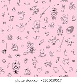 Pink Halloween Seamless pattern, Cute doodle characters, Witch girl mascot backdrop, Halloween bundle