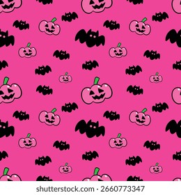 Patrón sin fisuras de Halloween rosa con lindas calabazas y murciélagos