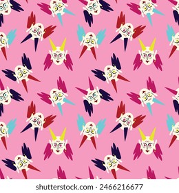 Pink Halloween seamless pattern of Funky demon head with a creepy ugly face.